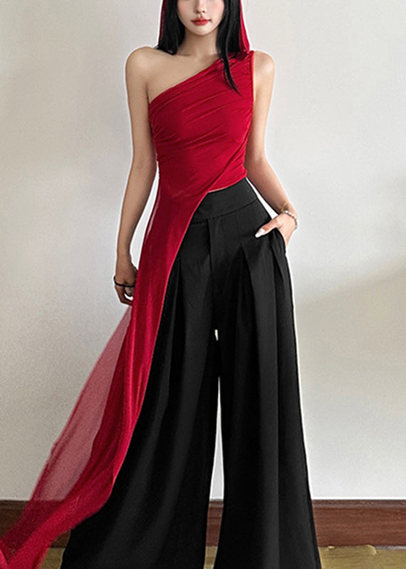 Fit Slim Asymmetrical Shoulder One Shirt Red Sleeveless Tulle FashionChic