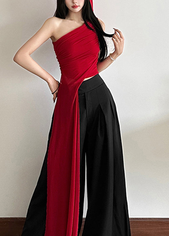 Fit Slim Asymmetrical Shoulder One Shirt Red Sleeveless Tulle FashionChic