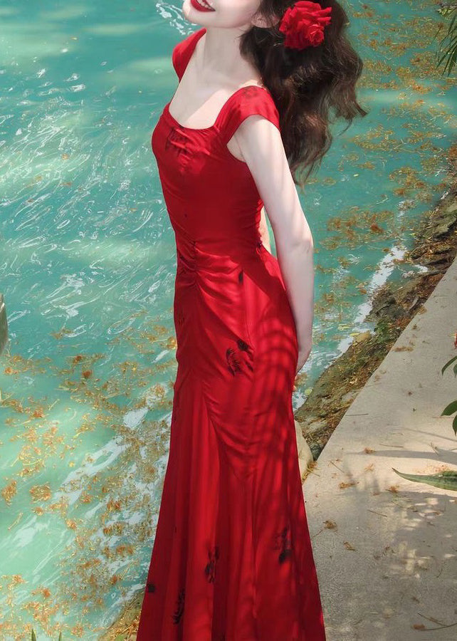 Slim Fit Red Square Collar Print Cotton Long Dress Summer XX006 SH-LF-SDL240611