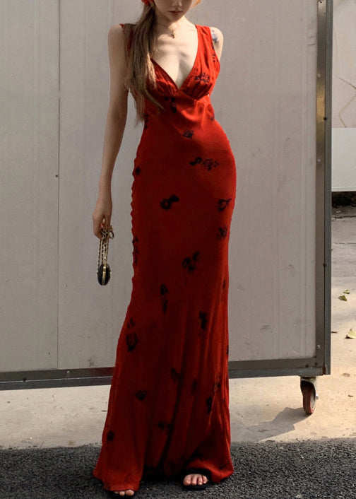 Sleeveless Dresses Print Lace Up V Red Neck Slim Fit Cotton Maxi FashionChic