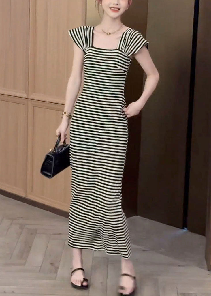 Fit Pockets Dresses Slim Long Square Summer Striped Collar Cotton FashionChic