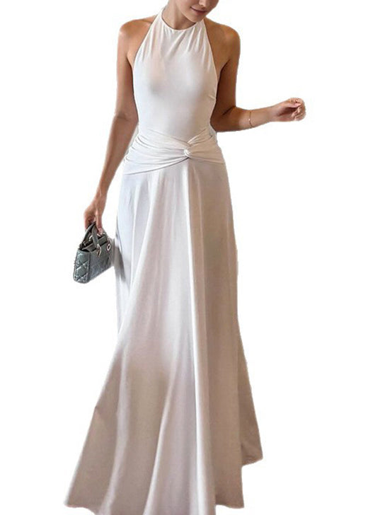 White Sleeveless Backless Ankle Slim Fit Cotton Dress FashionChic