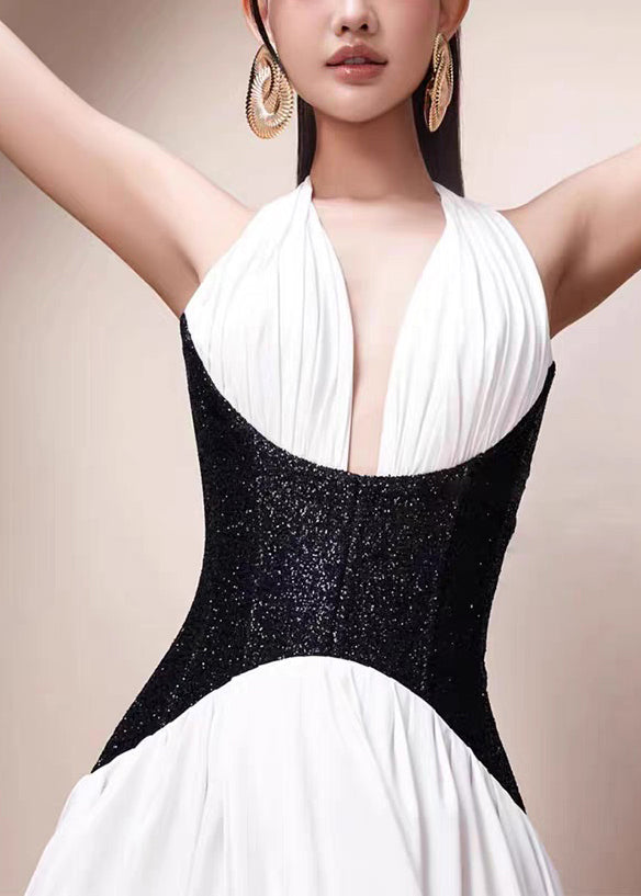 Fit Patchwork Backless Dress Long Sleeveless Slim White FashionChic