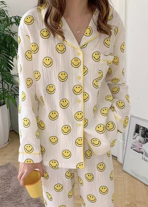 Long Sleeve Pajama Cotton Notched Print Sets Smile FashionChic