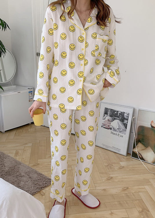Long Sleeve Pajama Cotton Notched Print Sets Smile FashionChic