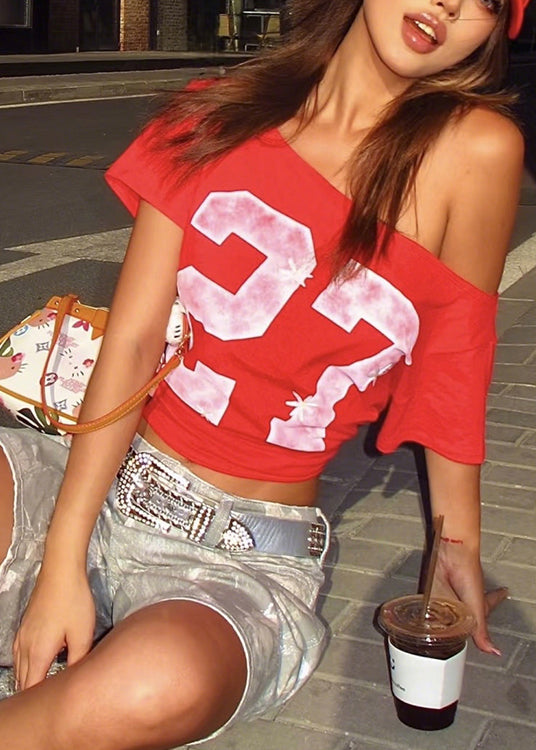 Print T Shoulder Cotton Shirt Streetwear Cold Summer Red FashionChic