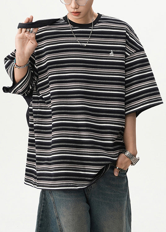 Cotton T Black Shirts Mens O Striped Cozy Summer Neck FashionChic