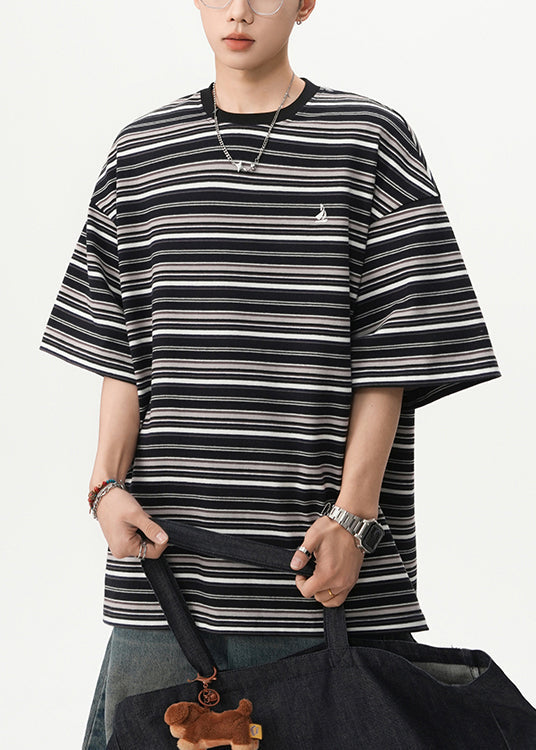 Cotton T Black Shirts Mens O Striped Cozy Summer Neck FashionChic