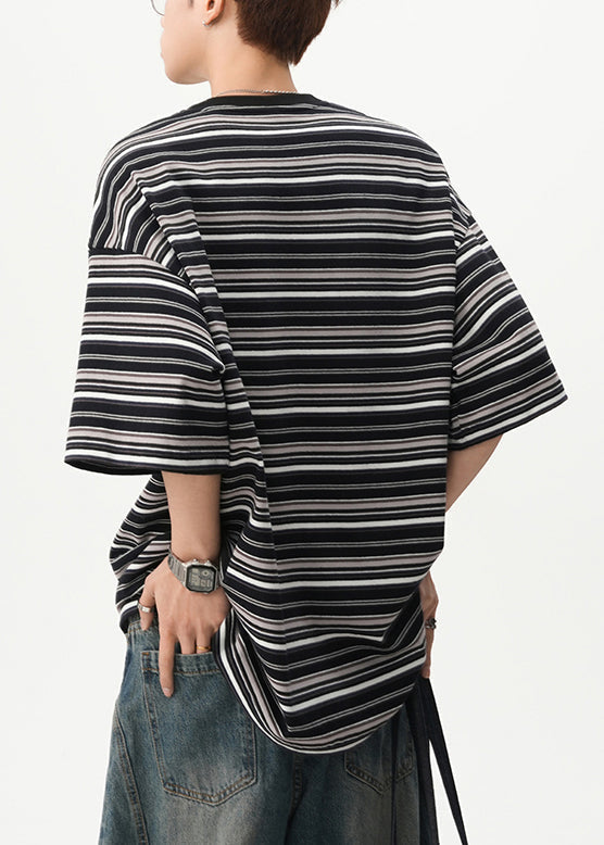 Cotton T Black Shirts Mens O Striped Cozy Summer Neck FashionChic