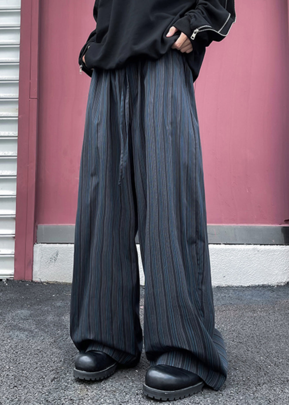 Wide Striped Leg Pockets Cotton Pants Waist Elastic Mens Black FashionChic