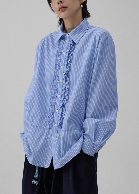 Striped Ruffled Blue Shirt Fall Collar Peter Pan Cotton FashionChic