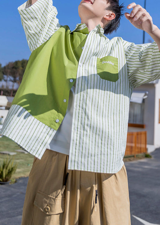 Letter Green Shirts Mens Patchwork Cotton Sleeve Striped Half FashionChic