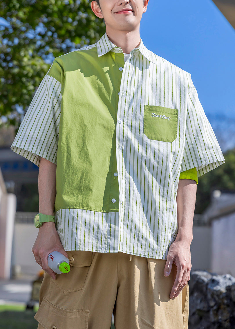 Letter Green Shirts Mens Patchwork Cotton Sleeve Striped Half FashionChic