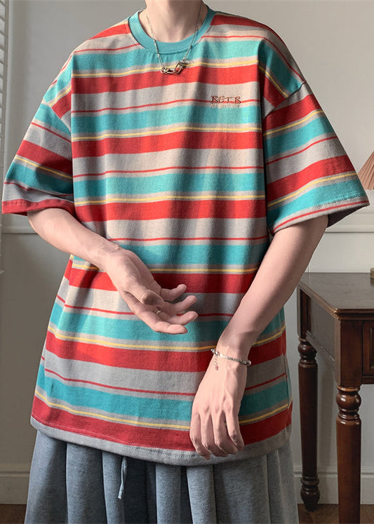 Half Sleeve Patchwork Shirts Cotton T Men O Red Striped Neck FashionChic