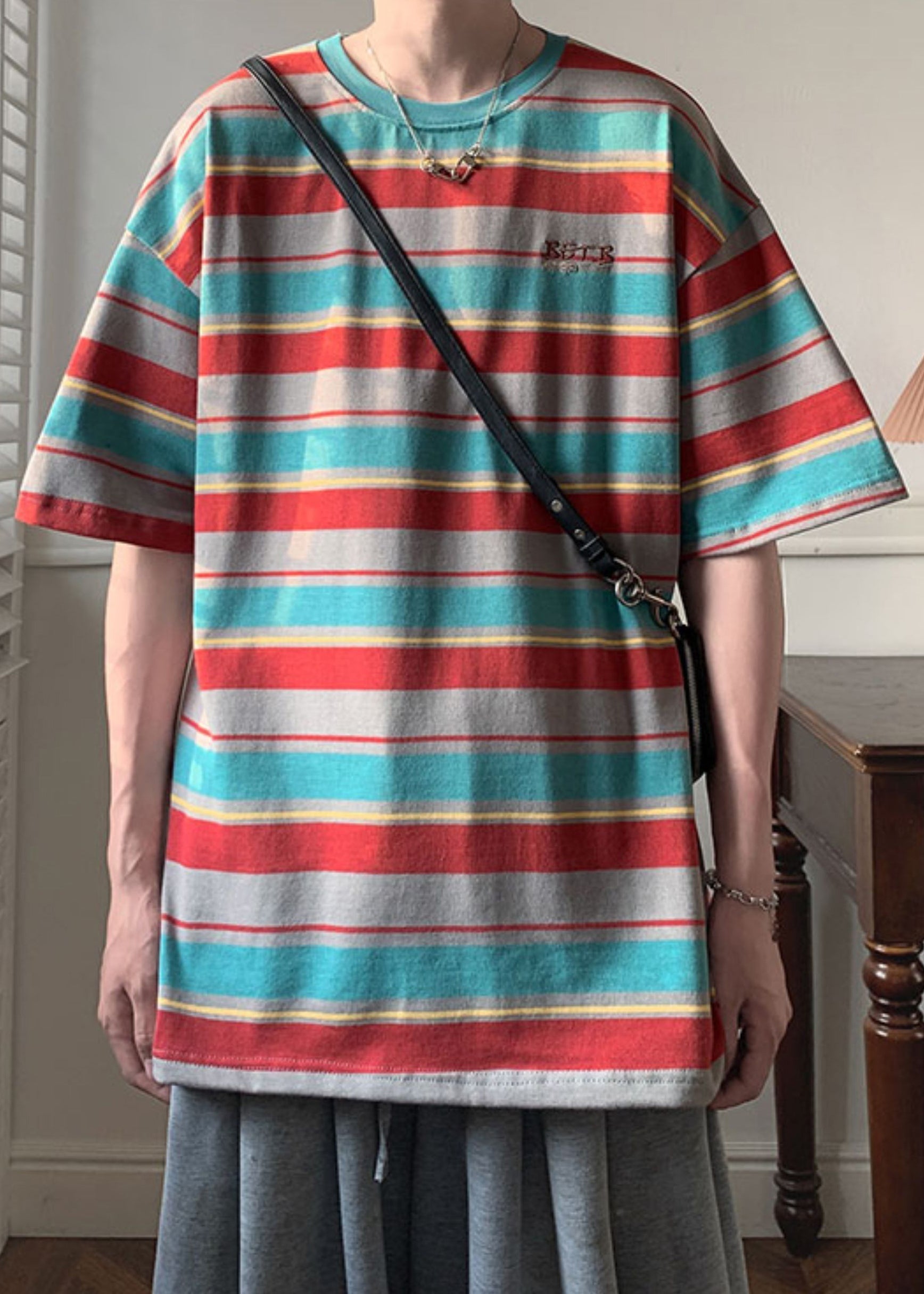 Half Sleeve Patchwork Shirts Cotton T Men O Red Striped Neck FashionChic