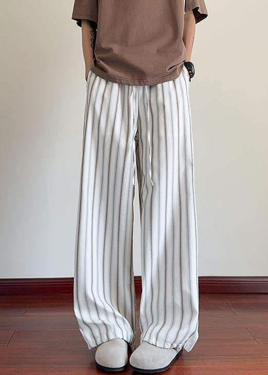 Leg Pockets Waist Elastic Wide Men Cotton Striped White Pants FashionChic