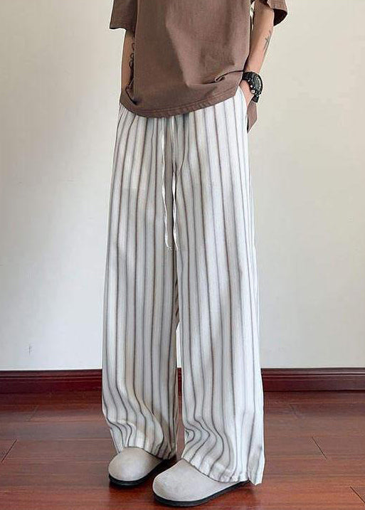 Leg Pockets Waist Elastic Wide Men Cotton Striped White Pants FashionChic