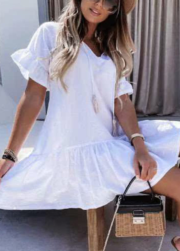 Vacation Summer Dresses Patchwork V Blue Style Baby Neck Mid FashionChic
