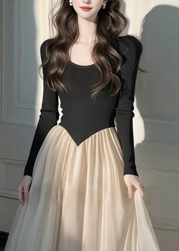 Dress Wrinkled Long Patchwork Knit Style Black FashionChic