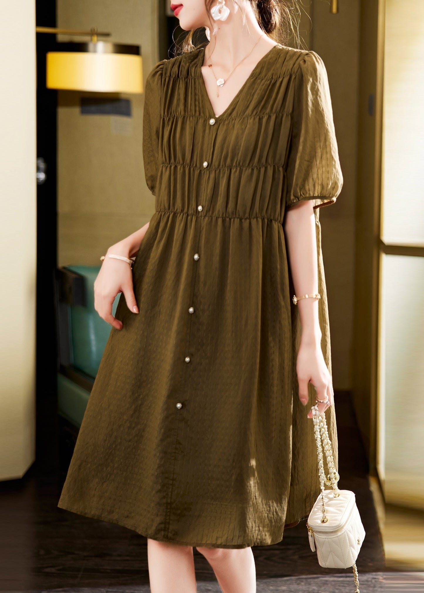 Style Green V Neck Wrinkled Silk Tea Dress Summer YK001 ABC