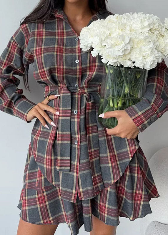 Two Cotton Style Plaid Pieces Ruffled Grey Summer Set FashionChic