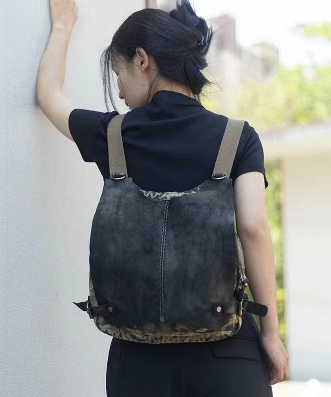 Style Khaki Calf Leather Patchwork Canvas Backpack Satchel Bag MM058 Bag-BGS240620