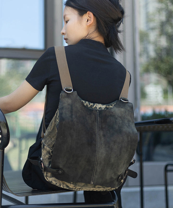 Style Khaki Calf Leather Patchwork Canvas Backpack Satchel Bag MM058 Bag-BGS240620