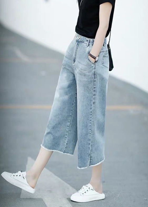 Crop Denim Style Elastic Trousers Blue Waist Light Pants Straight FashionChic