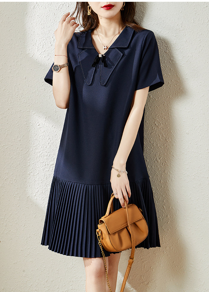 Style Navy Peter Pan Collar Patchwork Cotton Pleated Dresses Summer YY008 OL-SDM2408-16
