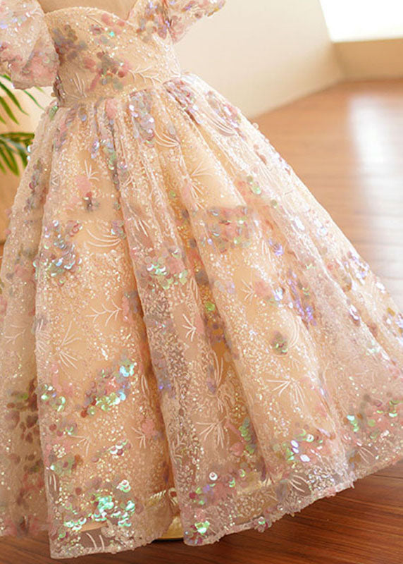 Style O-Neck Wrinkled Tulle Kids Long Dress Puff Sleeve YS004 ABC