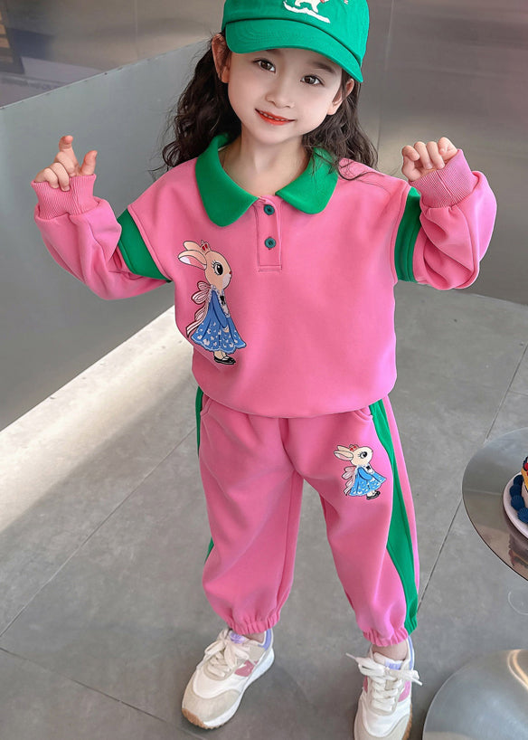 Style Pink Peter Pan Collar Patchwork Animal Kids Top And Pants Two Pieces Set Spring TR019 ABC