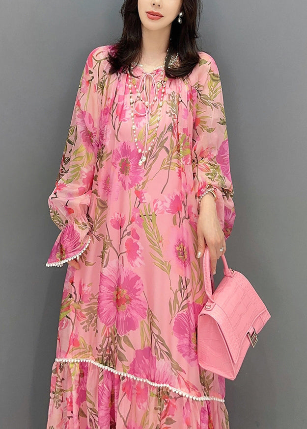 Style Pink Print Patchwork Chiffon Dress Long Sleeve EE1002 SH-LF-FDL240517