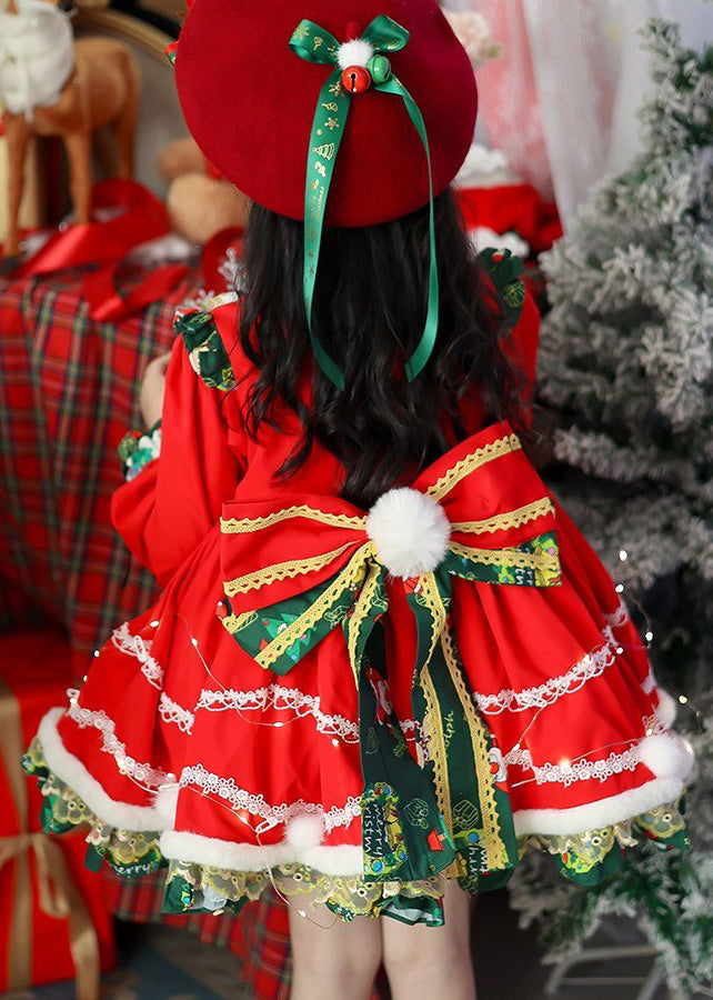 Style Red Print Warm Fleece Party Kids Mid Dress Winter RP035 ABC