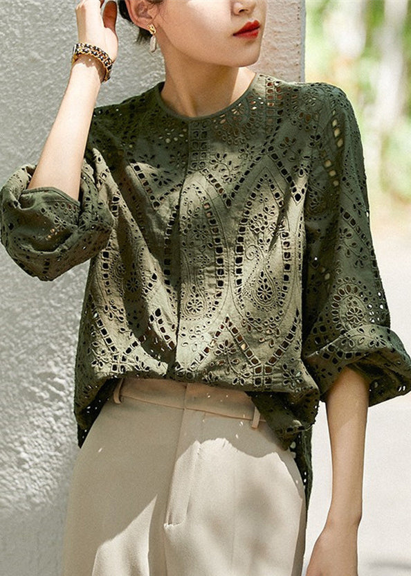 Style Top Out Green Tea Embroidered Fall Cotton Hollow FashionChic