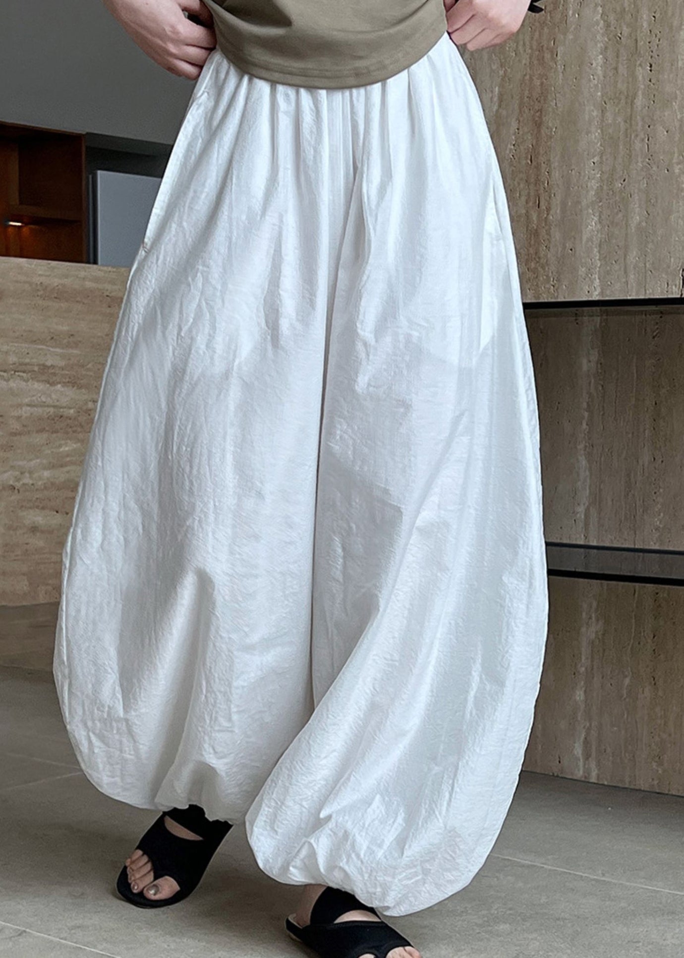 Style White Pockets Elastic Waist Cotton Lantern Pants Summer QK002 BB-LPTS241022