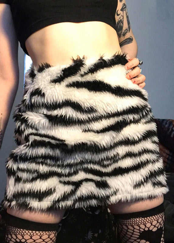 Style Zebra Pattern Black High Waist Faux Fur Skirt Spring TN021 ABC