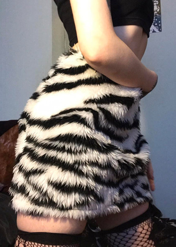 Style Zebra Pattern Black High Waist Faux Fur Skirt Spring TN021 ABC