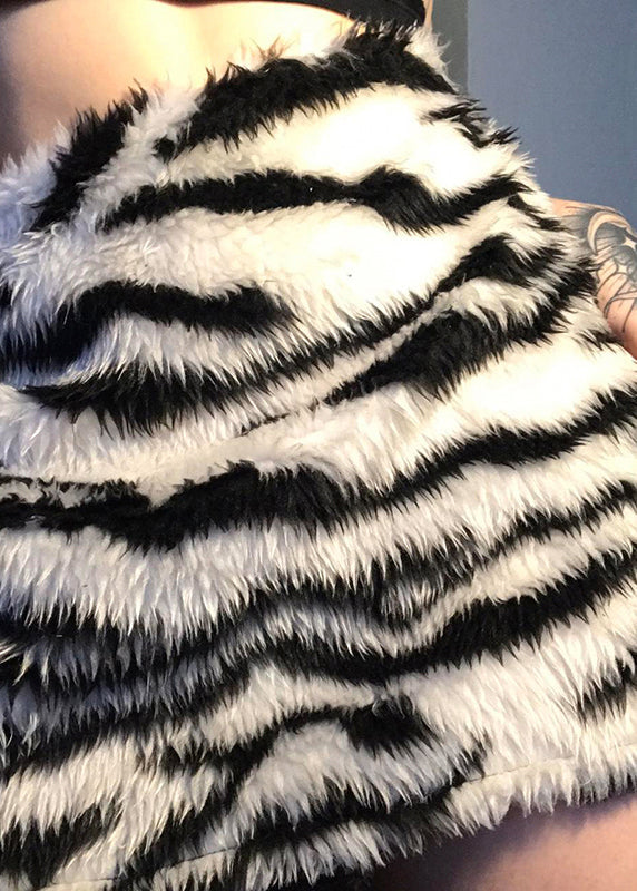 Style Zebra Pattern Black High Waist Faux Fur Skirt Spring TN021 ABC