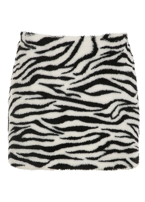 Style Zebra Pattern Black High Waist Faux Fur Skirt Spring TN021 ABC