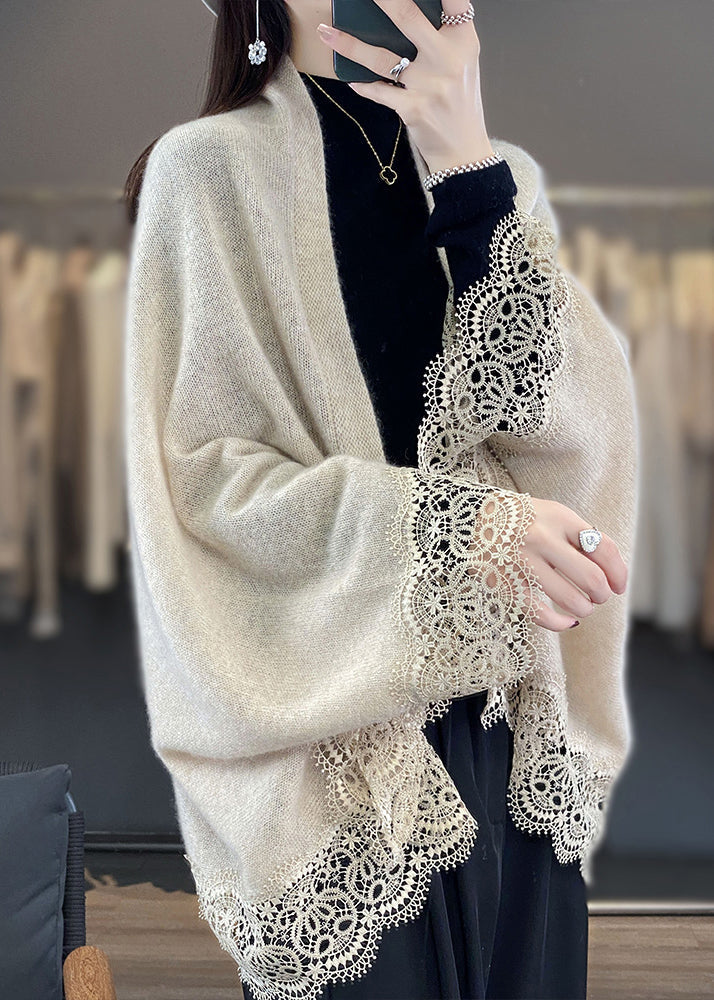 Stylish Beige Hollow Out Lace Patchwork Woolen Cardigans Fall RL011 ABC