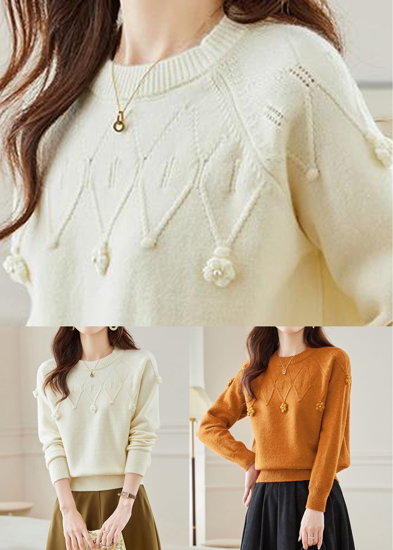 Stylish Beige O Neck Hollow Out Knit Sweater Fall QS011 OM-BB241010
