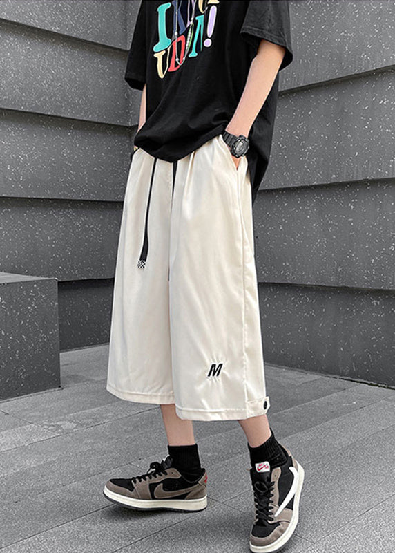 Stylish Beige Pockets Drawstring Men Crop Pants Summer YT027 Men-Silk-MENCP240721