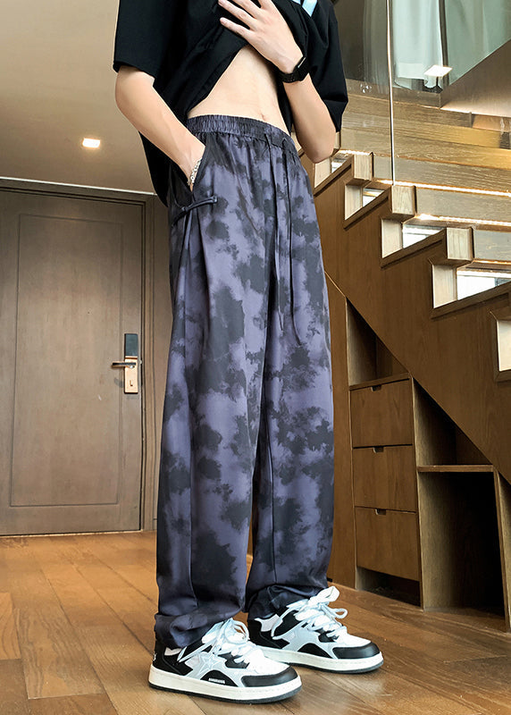 Stylish Beige Pockets Tie Dye Chinese Button Ice Silk Men Pants Summer YT050 Men-Silk-MENP240721