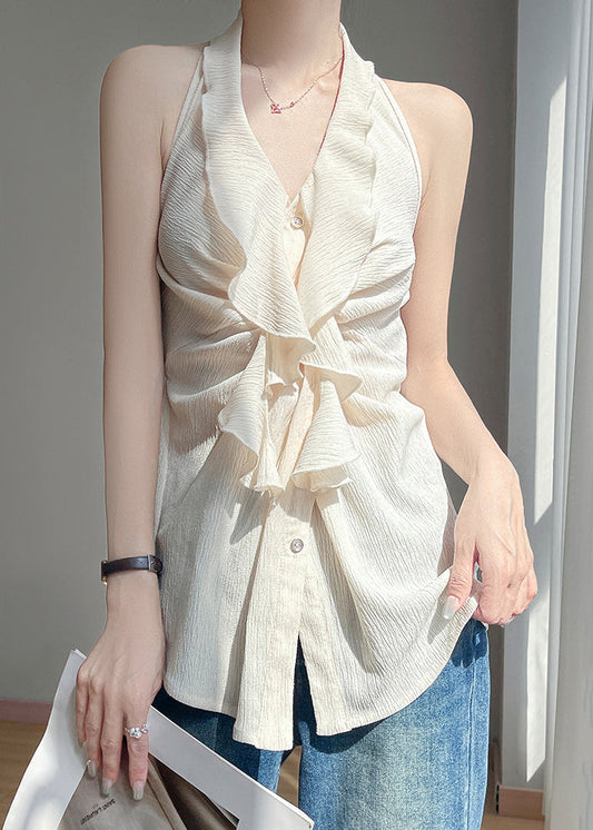 Button Sleeveless Beige Ruffled Shirts Stylish Cotton FashionChic