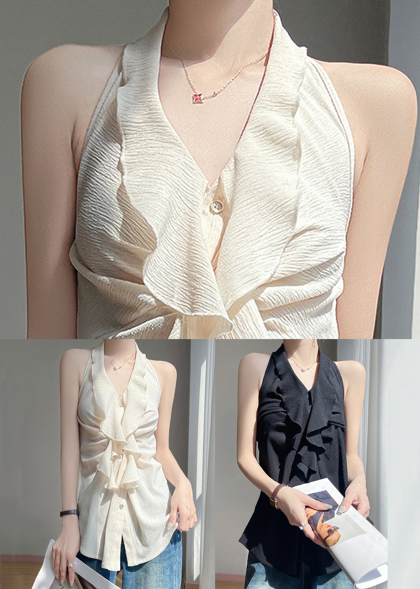 Button Sleeveless Beige Ruffled Shirts Stylish Cotton FashionChic