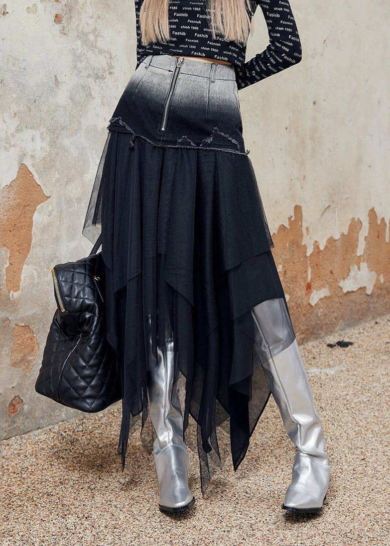 Stylish Black Asymmetrical Tulle Patchwork Denim Skirt Spring QQ1058 Ada Fashion