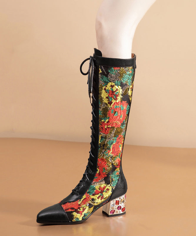 Stylish Black Boots Lace Up Print Genuine Leather Chunky Boots RT1068 Ada Fashion