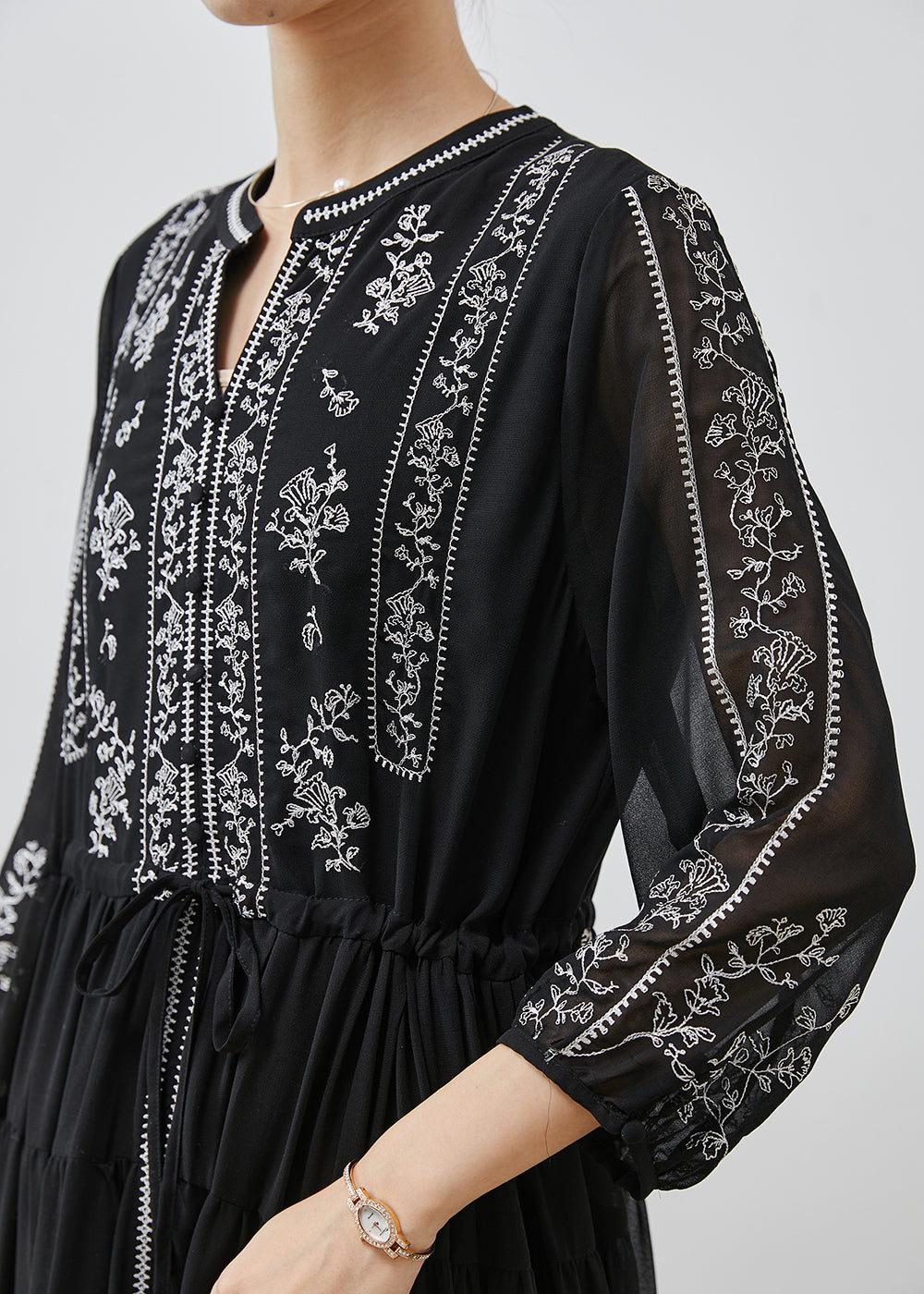 Stylish Black Embroidered Chiffon Cinched Dresses Summer AP1063 AM-SDL240904
