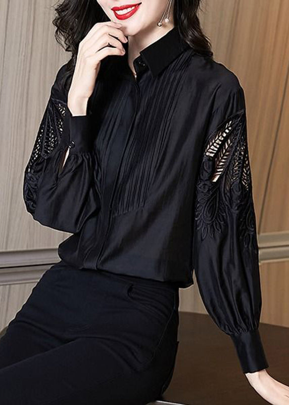 Stylish Black Embroidered Hollow Out Shirt Puff Sleeve TE026 ABC