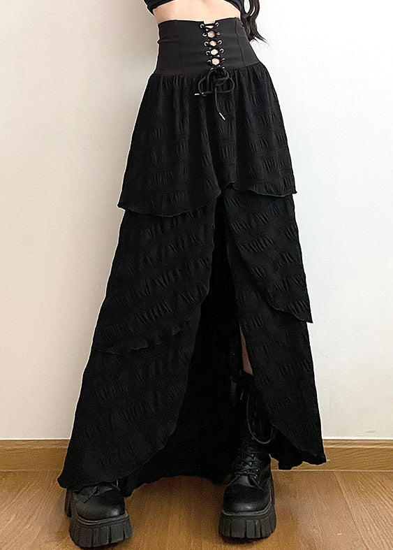 Stylish Black Lace Up Side Open Cotton Skirt Summer PP005 OM-NZ240827